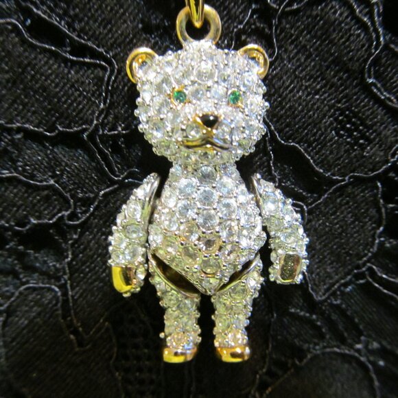 SWAROVSKI Swan Signed Jointed Crystal Teddy Bear Pendant Necklace Retired - Picture 1 of 16